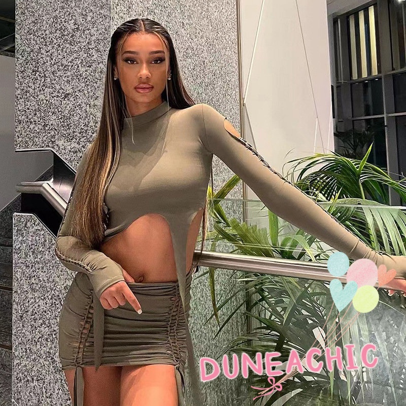 DUNEA Set Áo Thun Cổ Tròn Dài Tay Và Chân Váy Phong Cách Quyến Rũ Dành Cho Nữ