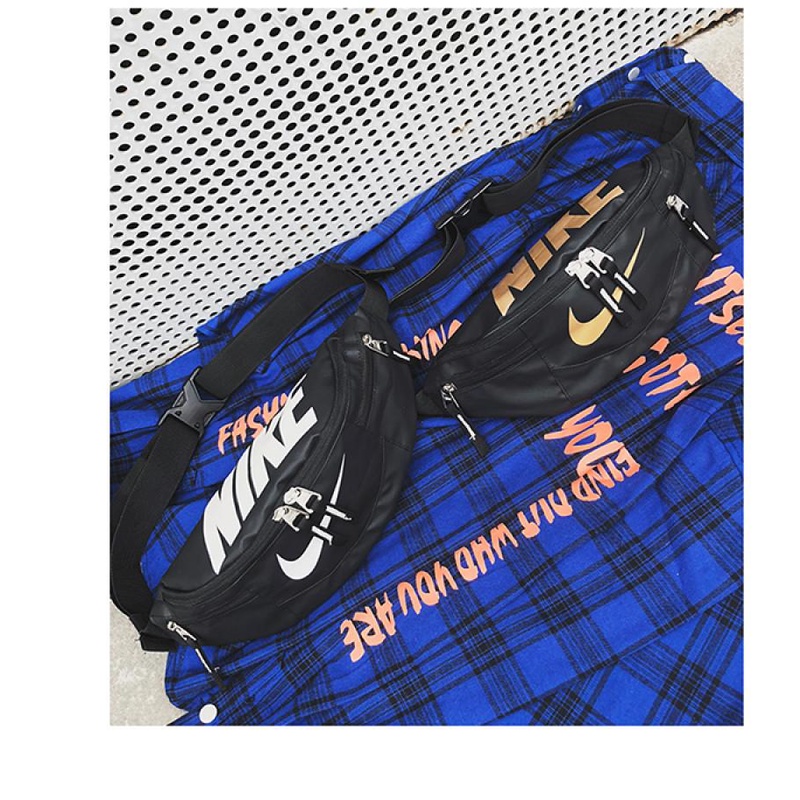 NIKE Black blue sling bag thin shoulder strap waist bag, large letter waist sling, two-way zipper men's bag, women's bag, school