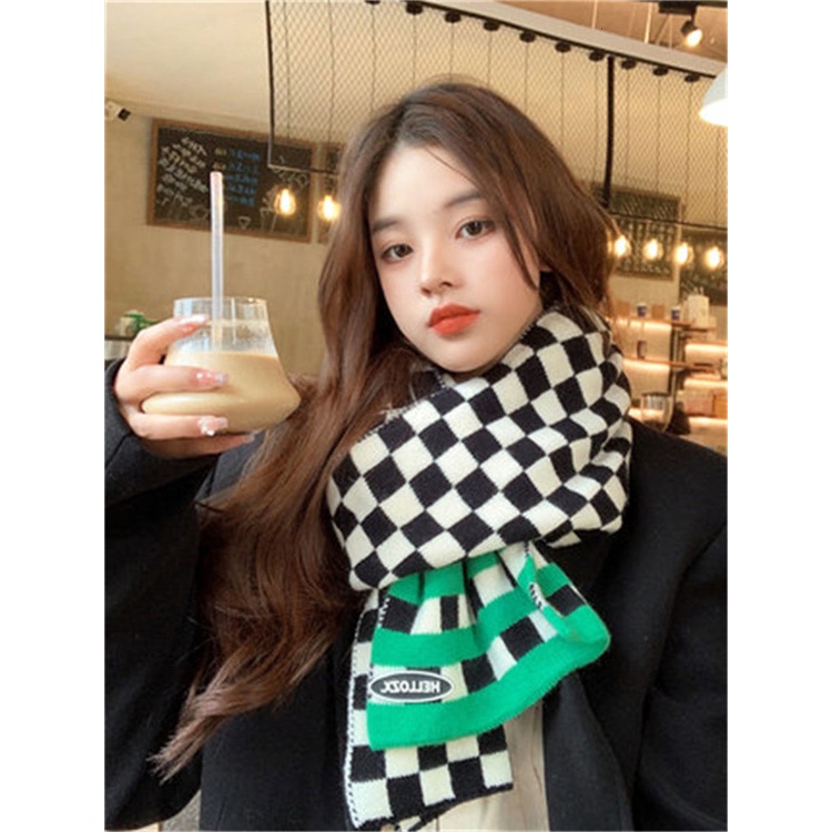 Khăn choàng dệt kim dáng dài họa tiết sọc caro phong cách Nhật Bản thời trang thu đông cho nữ