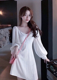 Đầm trắng nút bọc tay phồng (kèm hình thật)