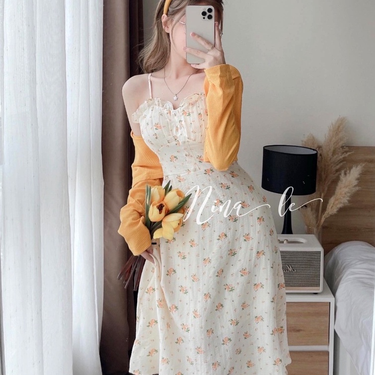 Set váy 2 dây cúp ngực, đầm hoa nhí kèm áo khoác cardigan dài tay chiết eo dáng dài freesize hàn quốc Ylydress C999