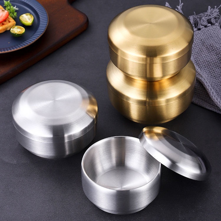 Sma korean style rice bowl 304 stainless steel bowl golden frosted bowl with lid double-layer anti-scalding anti-drop gia đình trẻ em nấu cơm