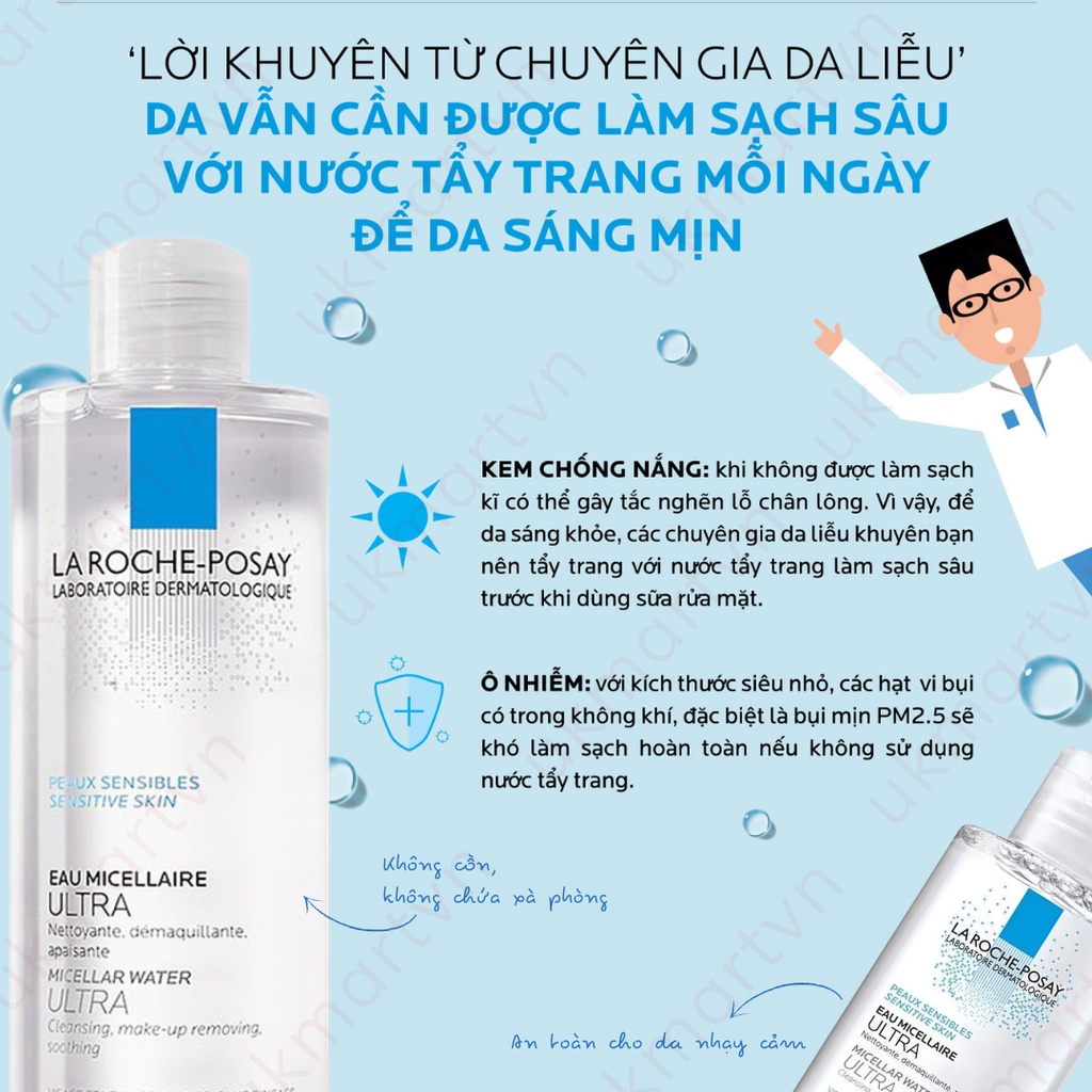 Nước làm sạch sâu và tẩy trang cho da nhạy cảm La Roche-Posay Micellar Water Ultra Sensitive Skin 100ml