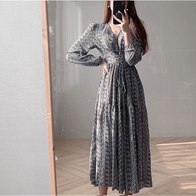 Đầm maxi cổ V tay dài hoa bao đẹp vải đẹp size M L XL