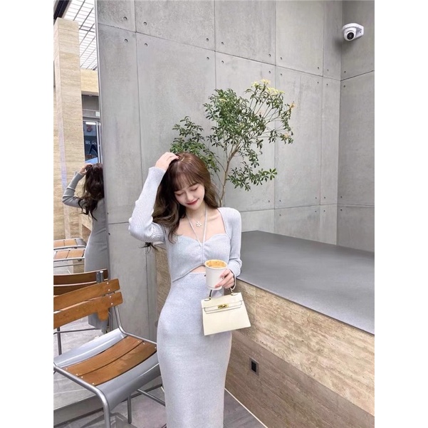 Váy len body đầm ôm sát có dây buộc cổ sexy quyến rũ hot tiktok