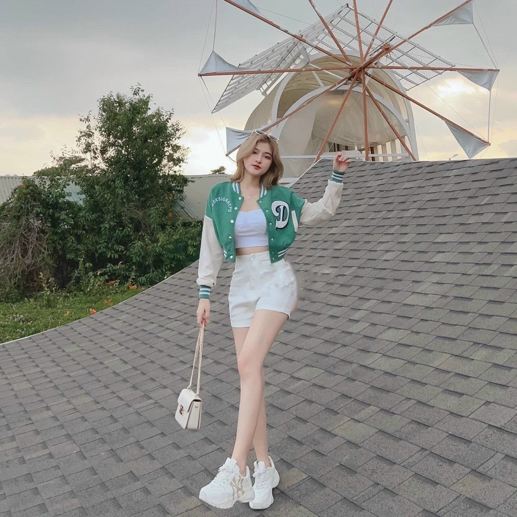 Áo khoác bomber croptop Chữ D nữ dáng lửng cánh dơi Phối tay trắng rộng bấm cúc sexy hàn quốc