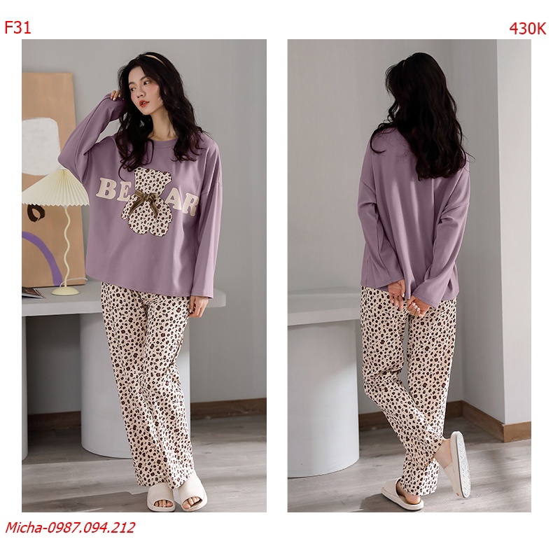 Bộ mặc nhà nữ dài tay Bear tím - Micha F31