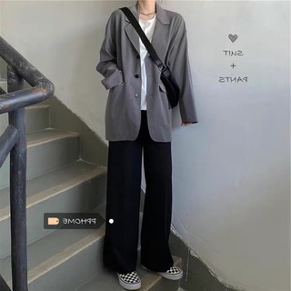 [HÀNG ORDER] Set áo blazer xám phối quần ống rộng đen freesize (có tách lẻ) (Ảnh thật ở cuối)