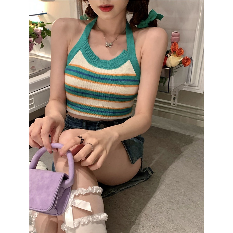 Cô Gái'S Mùa Hè Phong Cách Hàn Quốc Áo hai dây Đan Sọc Nhiều Màu