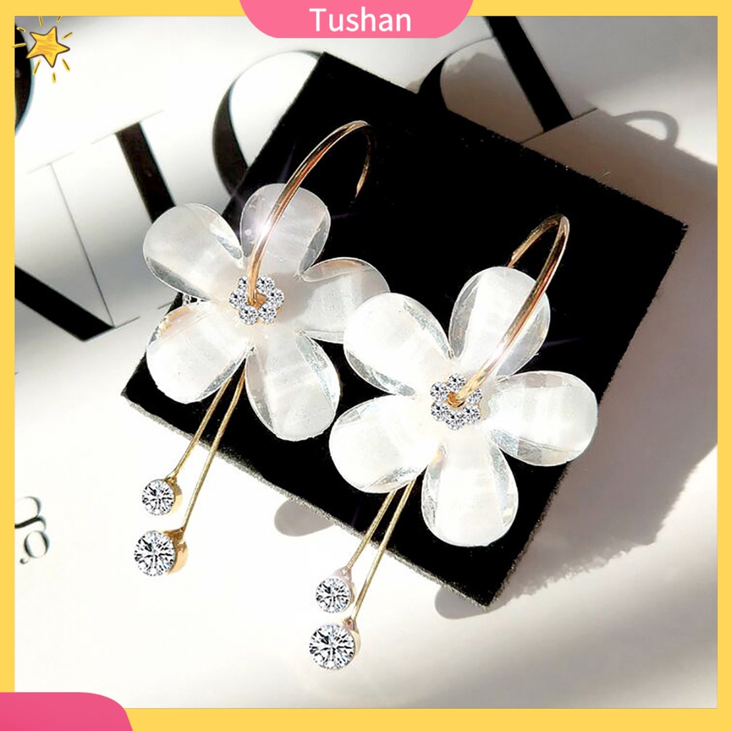 Khuyên tai dài hình hoa đính đá phong cách Hàn Quốc