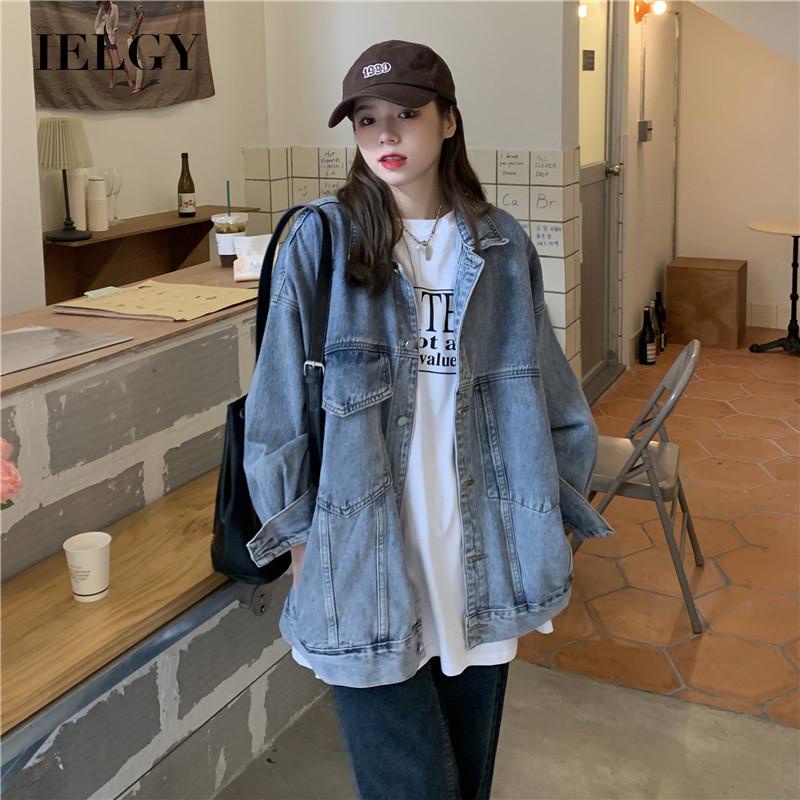 IELGY    Áo Khoác denim Tay Dài Dáng Rộng Màu Xanh Dương Sang Trọng Cho Nữ