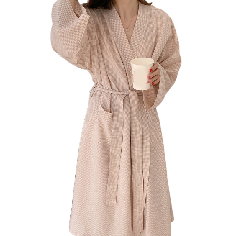 Áo Choàng Tắm Tay Dài Cổ Chữ V Có Túi Trước Họa Tiết Sọc Caro