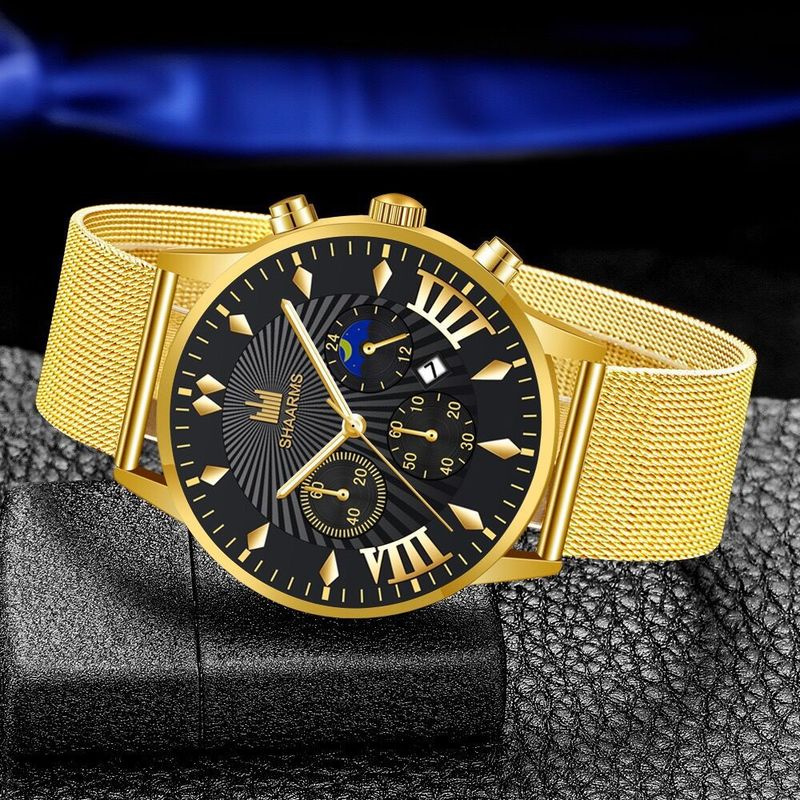 [Men Fashion Round Big Dial Date Calendar Simple Style Watches] [Men Stainless Steel Mesh Belt Quartz Watch] [Men Minimalist Business Watch]