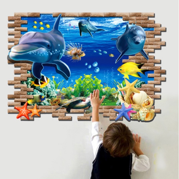 Decal trang trí tường - Cá heo 3D bơi qua khe nứt