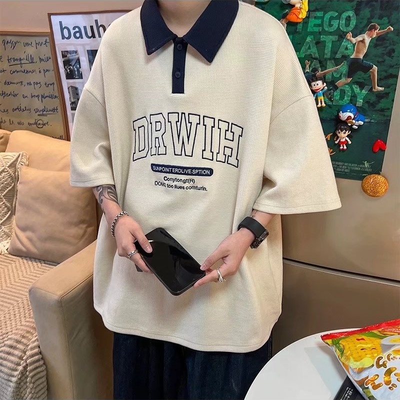 Áo Thun Polo Tay Ngắn Dáng Rộng Phong Cách Hong Kong Dễ Phối Đồ Thời Trang Mùa Hè Cho Nam Size M-2XL