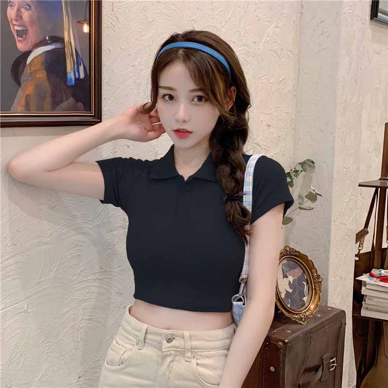 Áo croptop polo nữ có cổ bẻ tay ngắn vải cotton co dãn, Áo polo crop top nhiều màu trắng đen ghi hồng T268