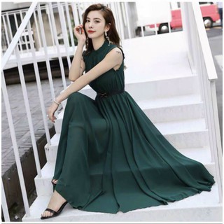 [HÌNH THẬT ]ĐẦM MAXI XANH CỔ TRỤ KÈM NỊT