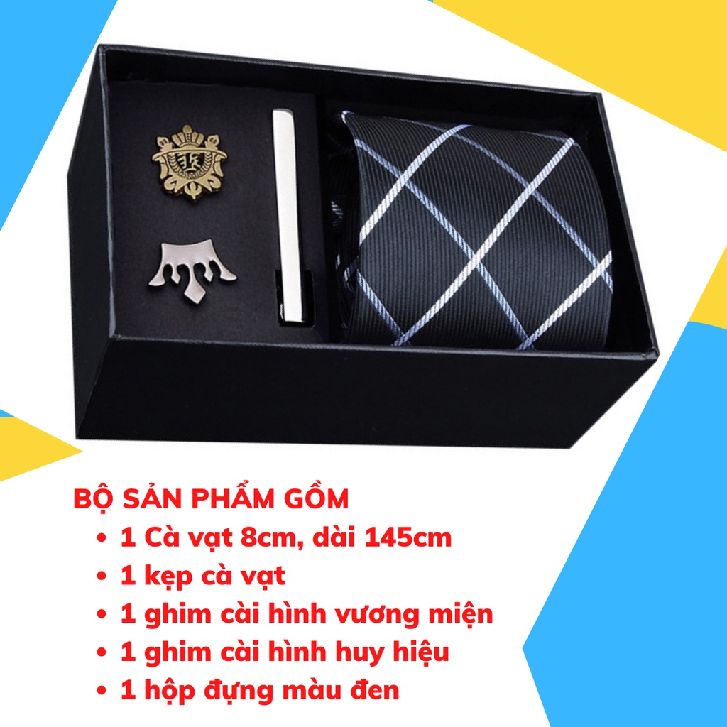 Set cà vạt bản to 8cm làm quà tặng cho Nam gồm cà vạt, kẹp cà vạt, ghim cài áo đóng hộp lịch sự CCV-16