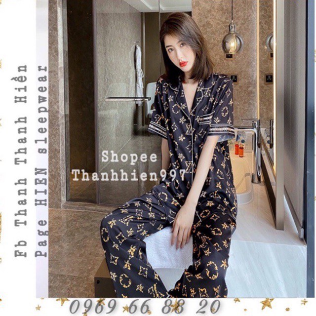 [Mã WASKT304 giảm 15% tối đa 30K đơn 99K] Bộ pijamma tay ngắn quần dài L V lụa satin cao cấp quảng châu