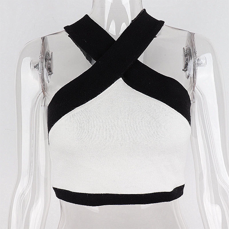 IELGY Áo sát nách nữ cổ yếm chữ V phối màu tương phản đơn giản thời trang