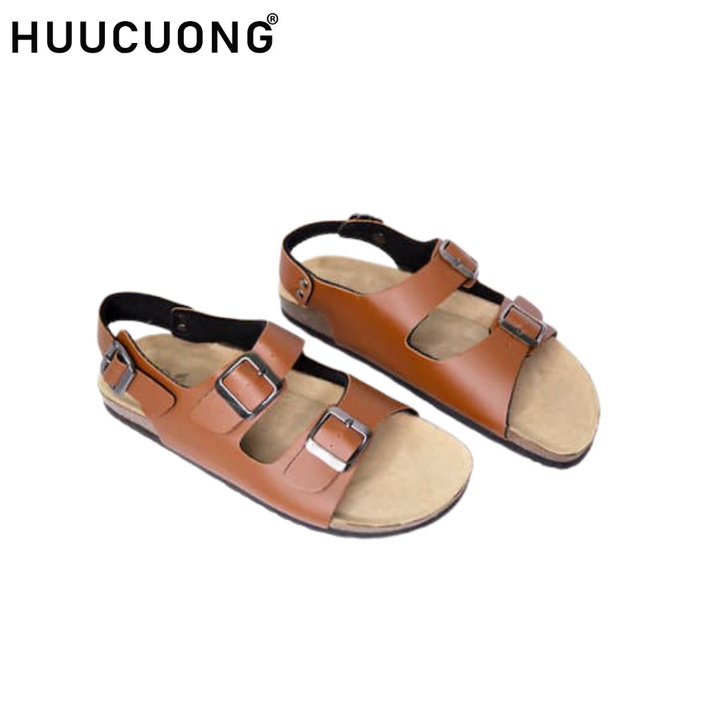 Giày Sandal unisex 2 Khóa HUUCUONG Quai Pu Màu Nâu Đế Trấu Handmade