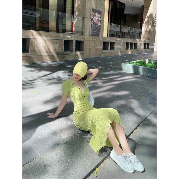 Đầm midi xốp cổ bẻ dài