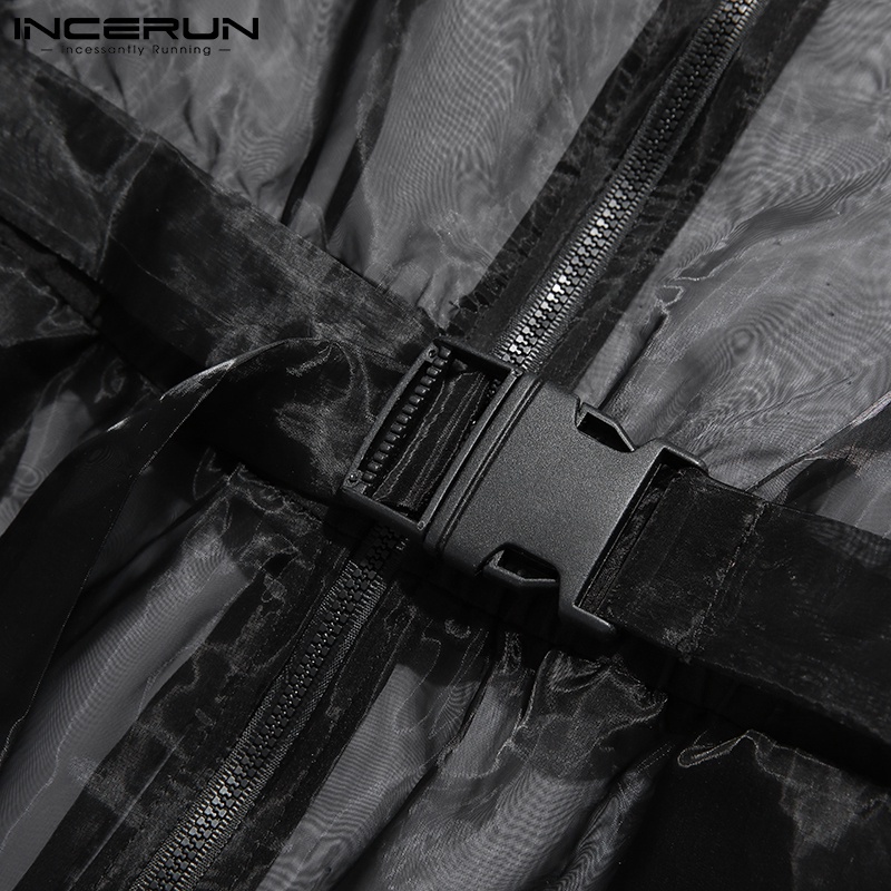 Jumpsuit INCERUN tay ngắn thiết kế xuyên thấu phối khóa kéo gợi cảm cho nam