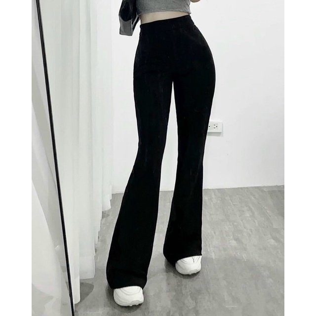 Quần ống loe - quần loe nhung cạp cao chất mềm co giãn-hình thật