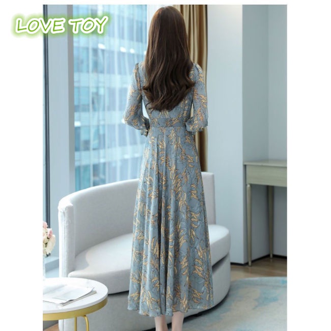 Đầm Tay Dài Cổ Chữ V In Họa Tiết Thanh Lịch Dành Cho Nữ