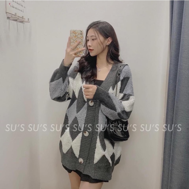 Áo khoác len cardigan trám ziczac phối màu xinh