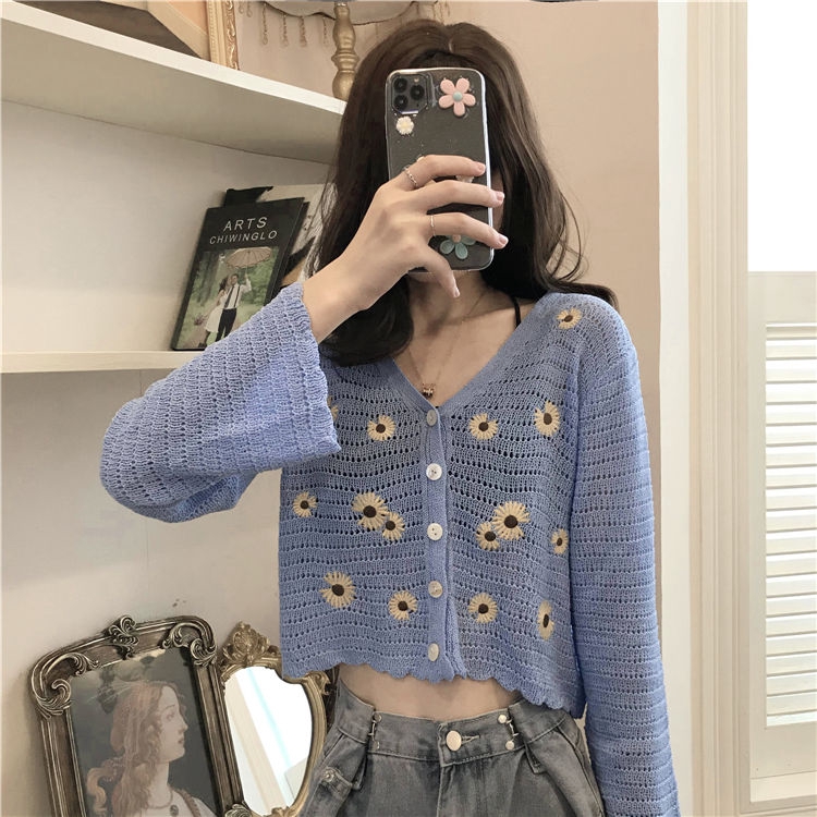 Áo Khoác Cardigan Dệt Kim Mỏng Tay Dài Dáng Ngắn Thêu Họa Tiết Thời Trang Cho Nữ