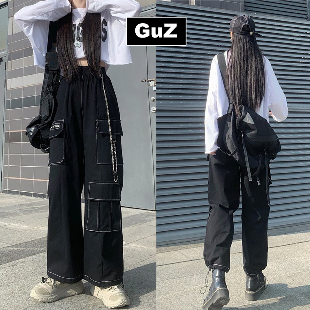 Quần nữ ống rộng giả Jean bo gấu có túi hộp hai bên kèm dây xích dáng ulzzang (đen) guzfashion