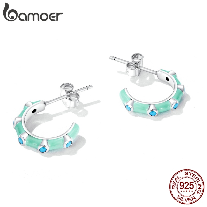 Khuyên tai/ Nhẫn BAMOER bạc 925 đính đá ngọc lam nhân tạo phong cách đơn giản thời trang dành cho nữ