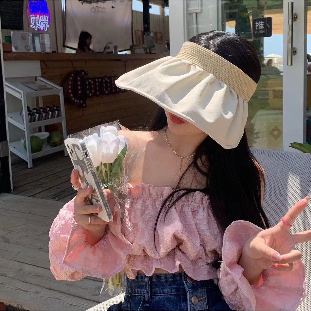 Mũ Cói Hở Đầu Phối Vải Hoa Văn 2 Mặt Vành Rộng P2137