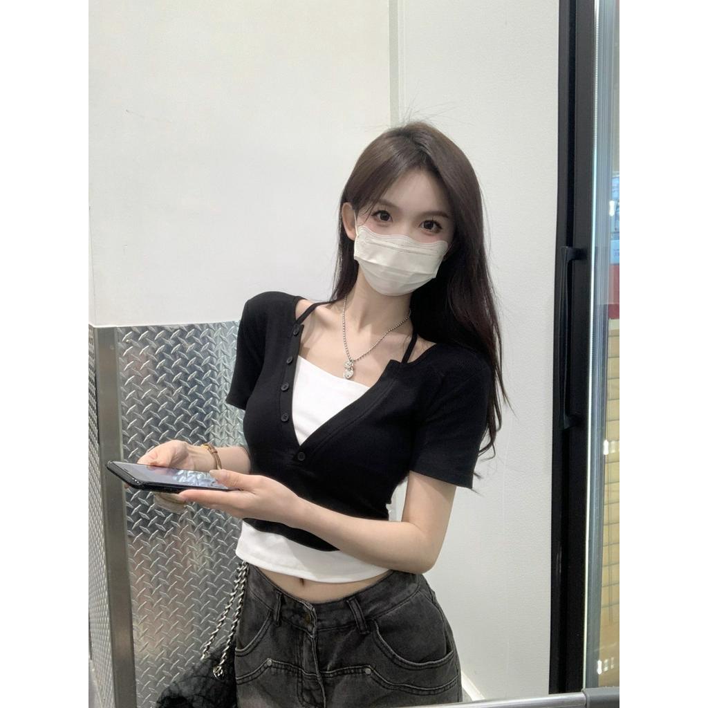 Áo Thun Cotton Giả Hai Lớp Màu Sắc Tương Phản Thời Trang Cho Nữ 62811