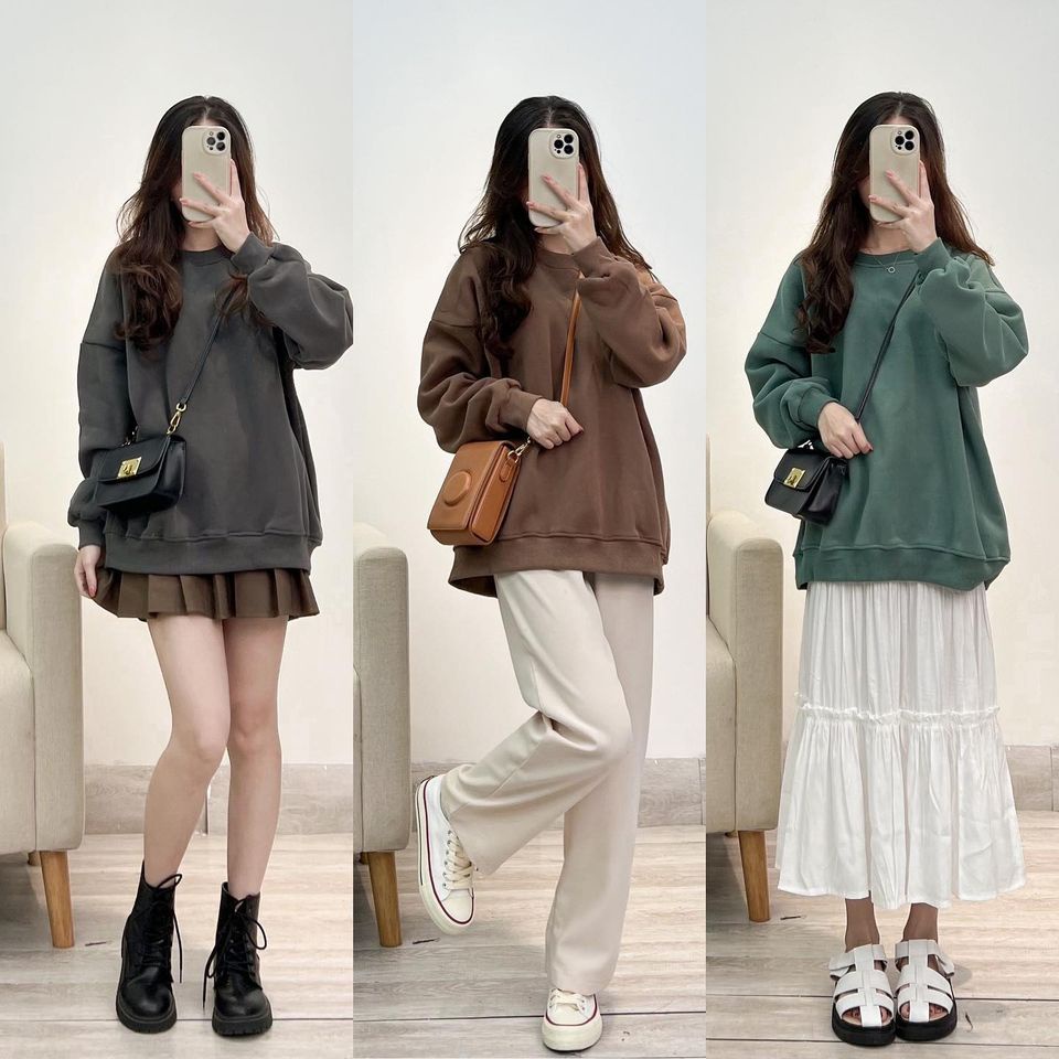 XẢ HÀNG Áo sweater  trơn form rộng nỉ bông dày dặn thời trang Miho house