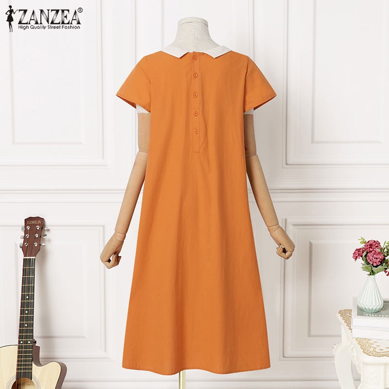Zanzea Đầm Dài Tay Ngắn Cài Nút Sau Phong Cách Vintage Thời Trang Cho Nữ