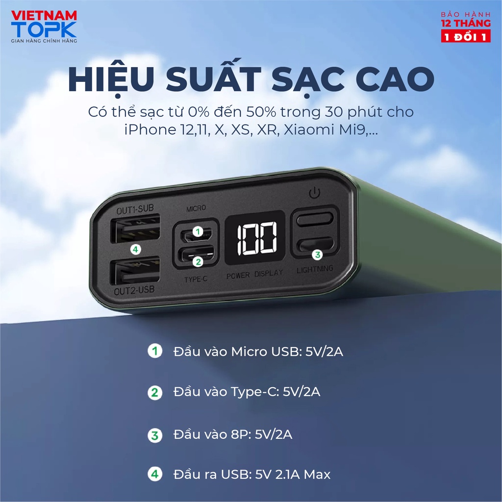 Sạc dự phòng 20000mAh TOPK I2006 Màn hình LED - 2 cổng ra - Hàng phân phối chính hãng - Bảo hành 12 tháng 1 đổi 1