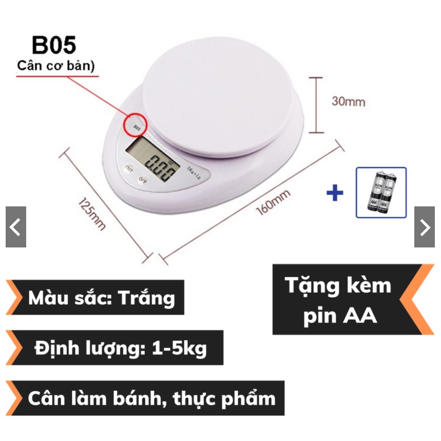 Cân Tiểu Ly Điện Tử Nhà Bếp Mini Định Lượng 1g - 5Kg Làm Bánh Độ Chính Xác Cao Tặng Kèm 2 Pin AAA