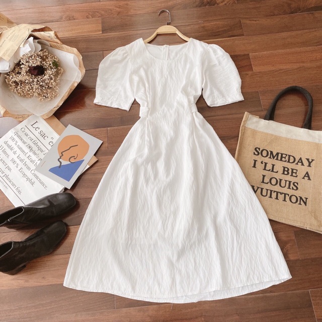 (Hàng có sẵn) Váy trắng midi vintage nơ eo 🌿🌿💯💯 | BigBuy360 - bigbuy360.vn