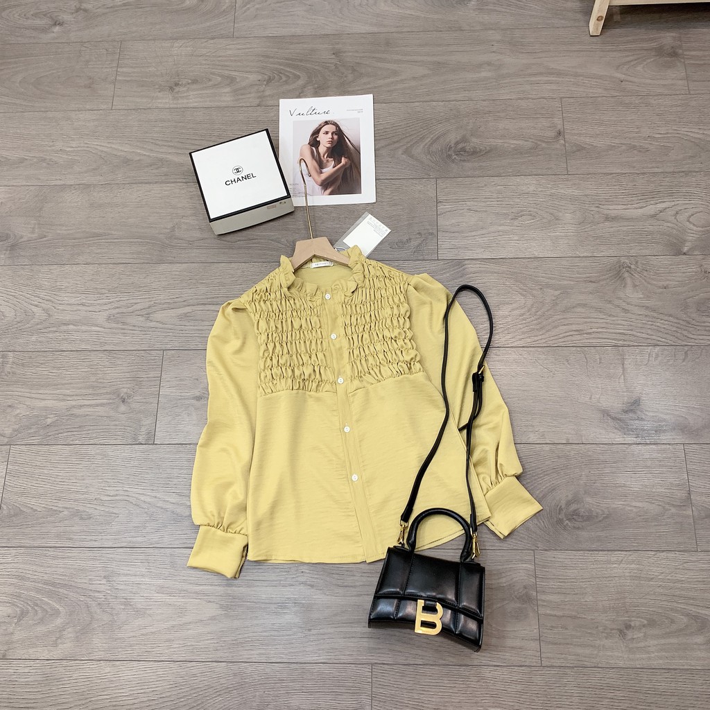 [ 𝐅𝐑𝐄𝐄 𝐒𝐇𝐈𝐏 ] Áo Vàng Nhẹ Cổ Bèo Sang Chảnh Dễ Mix phối ti tỉ đồ Chất lụa tằm qc cao cấp siêu mềm đẹp mát
