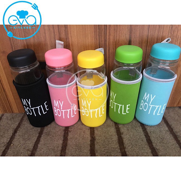 Bình Nước Thủy Tinh In Chữ My Bottle Kèm Vỏ Bọc Vải Neoprene Và Túi Vải Dây Rút Nhiều Màu 500ml