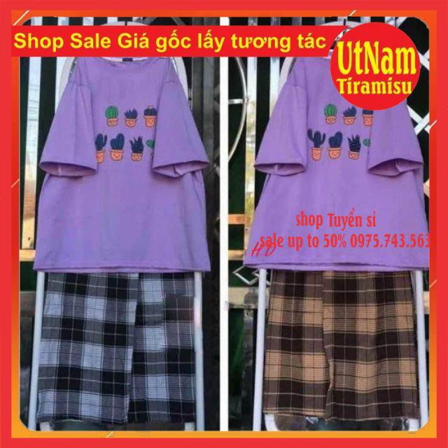 Sét áo phông chậu cây xương rồng+ quần kẻ | BigBuy360 - bigbuy360.vn
