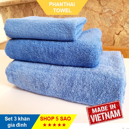 [Combo gia đình 02] Set 3 khăn xanh thiên thanh: rửa mặt, lau tóc và tắm sợi bông/ cotton - Sang sịn mịn