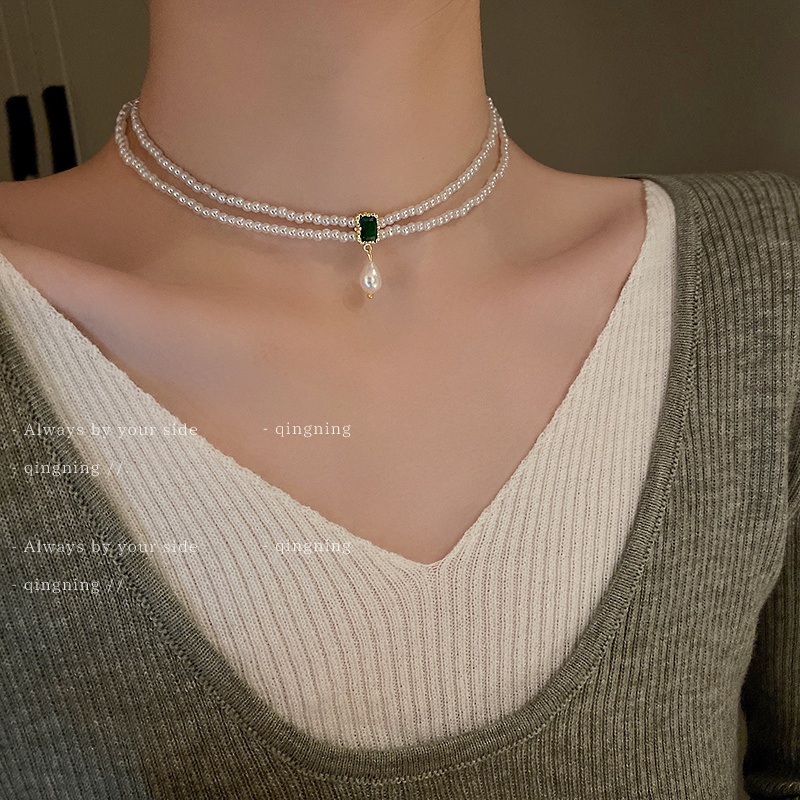 DREJEW Dây chuyền hai lớp đính ngọc trai và đá hình vuông phong cách cổ điển thời trang cho nữ