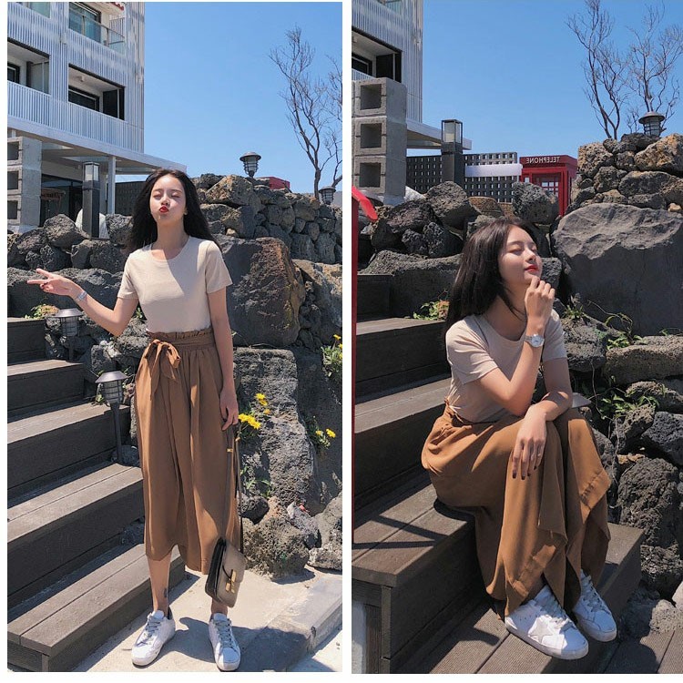 Bộ Áo Croptop Màu Trơn + Quần Dài Ống Rộng Xẻ Tà Thời Trang Cho Nữ