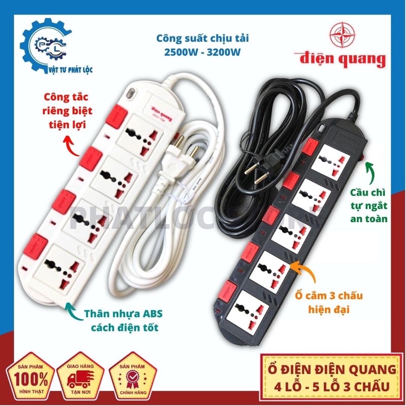 Ổ cắm điện Điện Quang 4 lỗ - 5 lỗ 3 chấu - Ổ điện dài 2m/5m