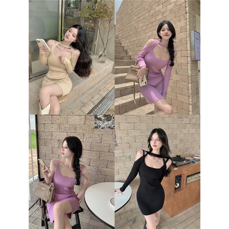 Cocory vn váy dệt kim gợi cảm cho phụ nữ quần áo trễ vai áo dài tay mini dress