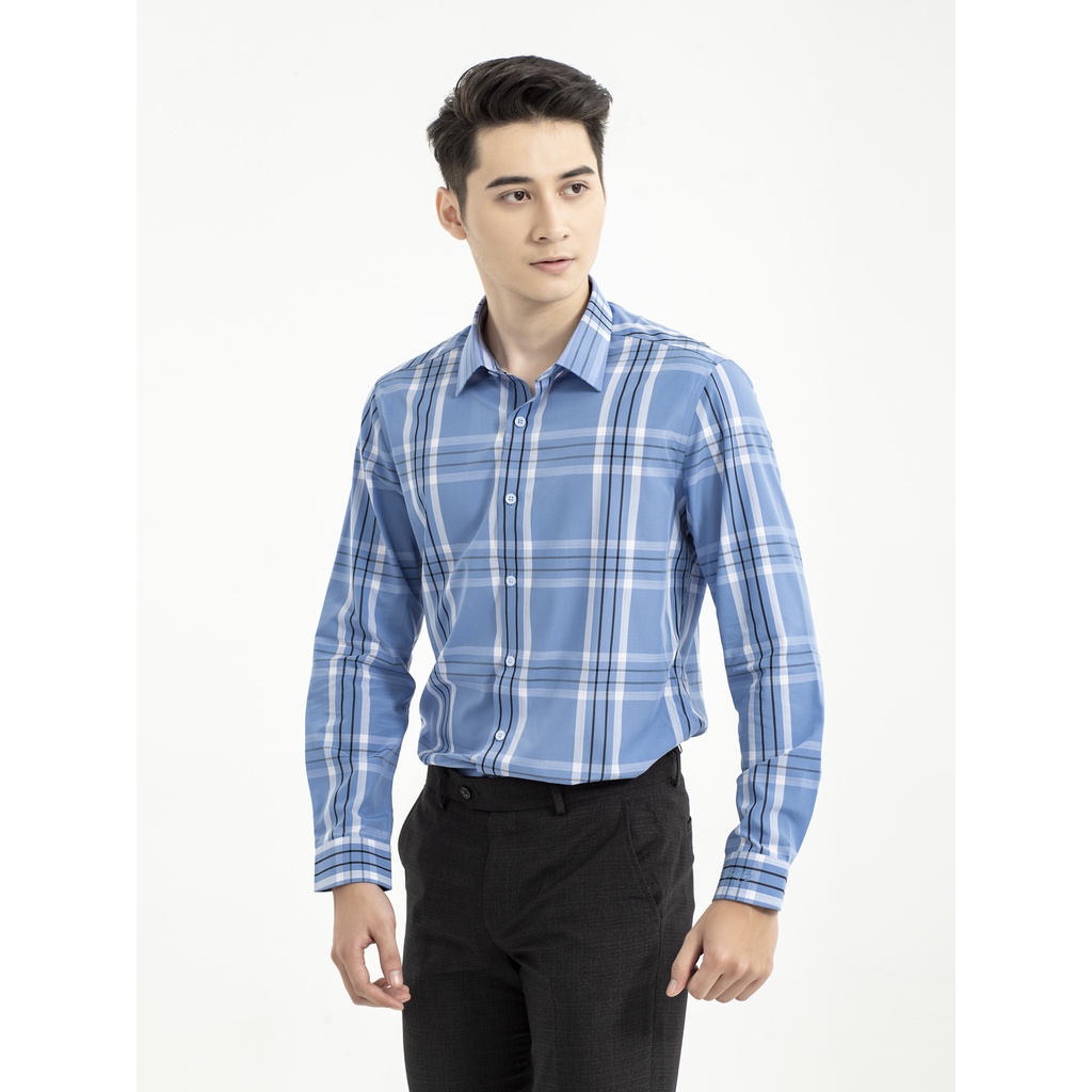 Áo sơ mi nam dài tay ARISTINO dáng Slim fit ôm vừa, màu xanh kẻ caro trắng thanh lịch, hiện đại - ALS26001