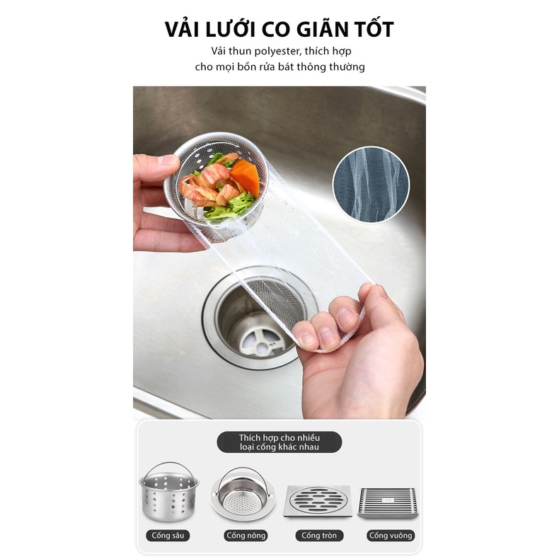 Sét 100 Túi Lọc Rác Thức Ăn Thừa Thiết Kế Kiểu Lưới Siêu Dai Đầu Túi Có Chun Co Giãn Chống Tắc Nghẽn Ống
